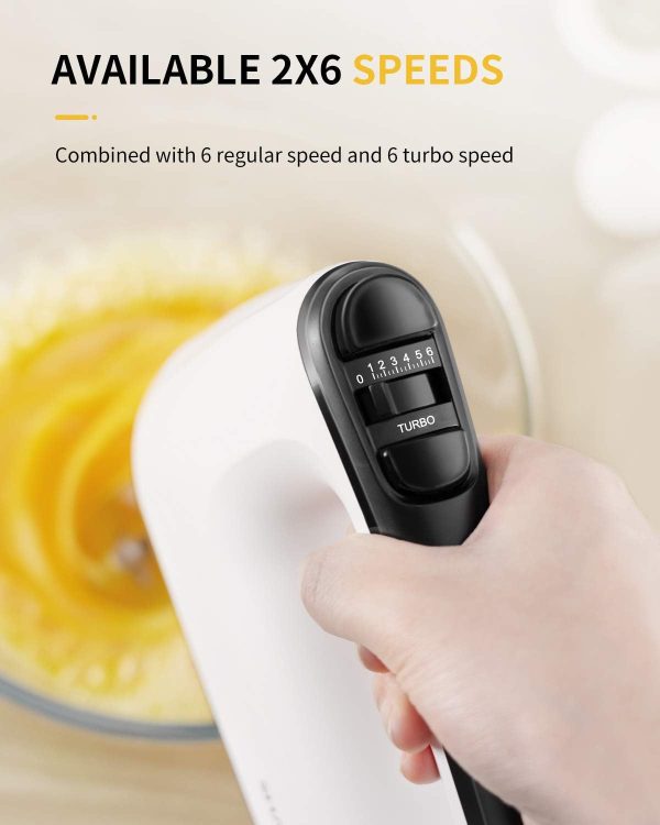 SHARDOR Hand Mixer Electric, 6 Speed & Turbo Mixer Electric Handheld, Snap-On Storage Case,5 Stainless Steel Accessories for Whipping, Mixing Cookies, Brownie, Cakes, Dough Batters, White - Image 2