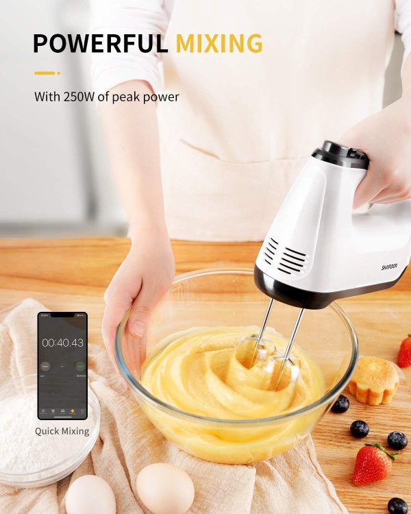 SHARDOR Hand Mixer Electric, 6 Speed & Turbo Mixer Electric Handheld, Snap-On Storage Case,5 Stainless Steel Accessories for Whipping, Mixing Cookies, Brownie, Cakes, Dough Batters, White - Image 4