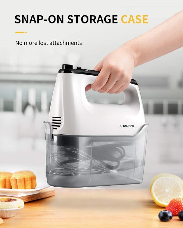 SHARDOR Hand Mixer Electric, 6 Speed & Turbo Mixer Electric Handheld, Snap-On Storage Case,5 Stainless Steel Accessories for Whipping, Mixing Cookies, Brownie, Cakes, Dough Batters, White - Image 5
