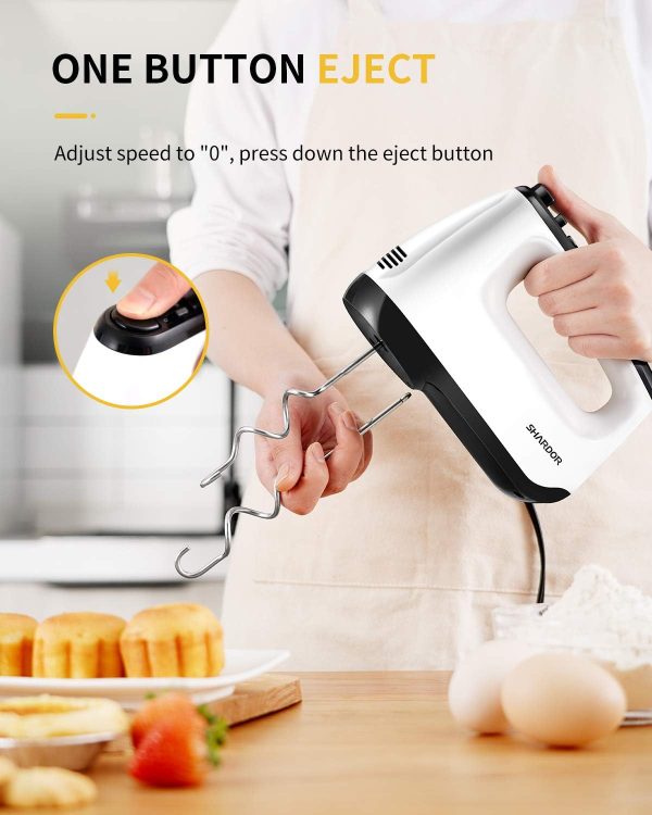 SHARDOR Hand Mixer Electric, 6 Speed & Turbo Mixer Electric Handheld, Snap-On Storage Case,5 Stainless Steel Accessories for Whipping, Mixing Cookies, Brownie, Cakes, Dough Batters, White - Image 6