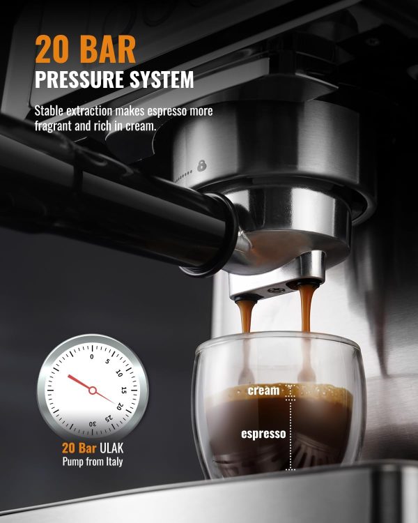 SHARDOR Espresso Machine 20 Bar with Milk Frother Steam Wand, Professional Latte & Cappuccino Maker for Home, 60 Oz Water Tank, Temperature Display, Stainless Steel, 1350W - Image 3