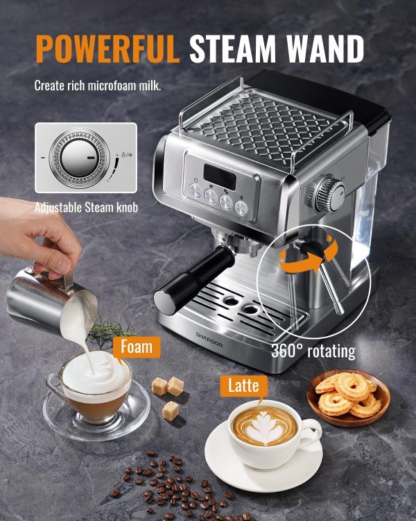 SHARDOR Espresso Machine 20 Bar with Milk Frother Steam Wand, Professional Latte & Cappuccino Maker for Home, 60 Oz Water Tank, Temperature Display, Stainless Steel, 1350W - Image 5