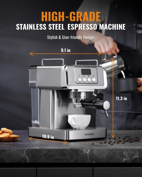 SHARDOR Espresso Machine 20 Bar with Milk Frother Steam Wand, Professional Latte & Cappuccino Maker for Home, 60 Oz Water Tank, Temperature Display, Stainless Steel, 1350W - Image 6