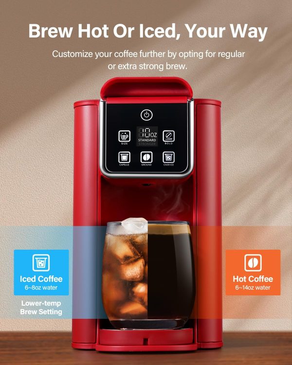 SHARDOR Single Serve Coffee Maker, Hot and Iced Coffee Machine for K Cup Pods & Ground Coffee, 6 to 14 oz Brew Sizes, with 50 oz Removable Water Tank, Bold Brew Setting, Stainless Steel, Red - Image 2