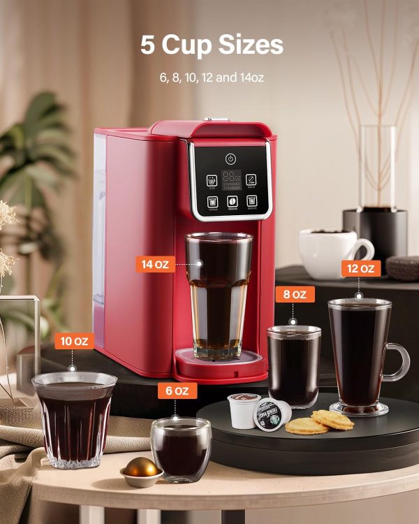 SHARDOR Single Serve Coffee Maker, Hot and Iced Coffee Machine for K Cup Pods & Ground Coffee, 6 to 14 oz Brew Sizes, with 50 oz Removable Water Tank, Bold Brew Setting, Stainless Steel, Red - Image 4
