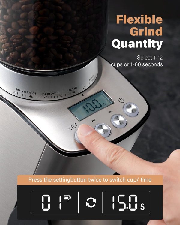 SHARDOR Conical Burr Coffee Grinder Electric, Espresso Coffee Bean Grinder with Precision Electronic Timer, Adjustable Burr Mill with 51 Precise Settings for Home Use, Stainless Steel Container - Image 3