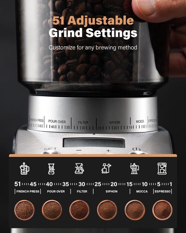 SHARDOR Conical Burr Coffee Grinder Electric, Espresso Coffee Bean Grinder with Precision Electronic Timer, Adjustable Burr Mill with 51 Precise Settings for Home Use, Stainless Steel Container - Image 4