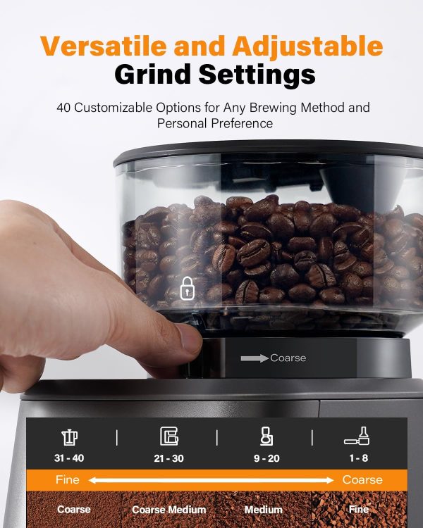 SHARDOR Conical Burr Coffee Grinder for Home Use, Espresso Coffee Bean Grinder Electric with Smart Dosing Technology, Adjustable Burr Mill with 40 Precise Settings, Anti-static, Grey - Image 4