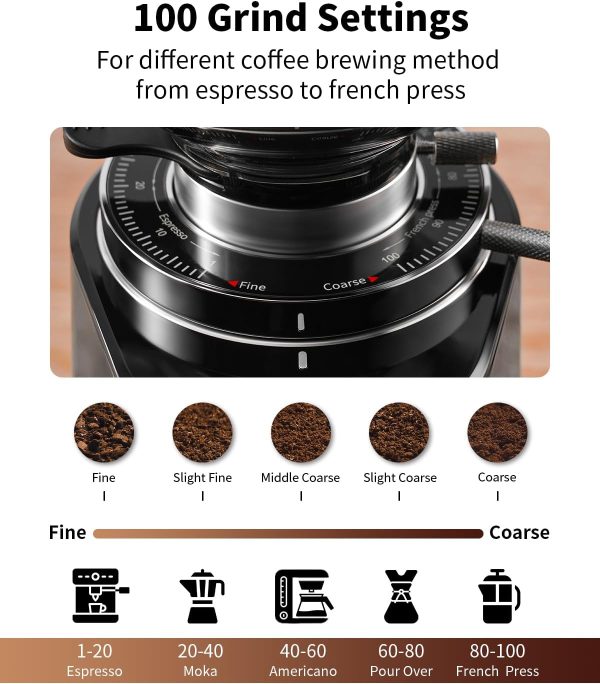 SHARDOR Professional 64mm Burr Coffee Grinder with 100 Grind Settings and All-Metal Chamber, Coffee Bean Grinder with Adjustable Electronic Timer and LED Display, Anti-Static,Black - Image 4