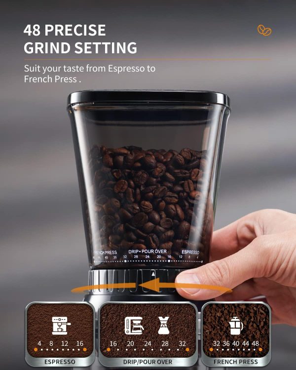 SHARDOR Professional Conical Burr Coffee Grinder, Coffee Bean Grinder with 48 Grind Settings for Espresso, Drip & French Press, Upgraded Anti-Static Technology, Precision Timer, Stainless Steel - Image 2