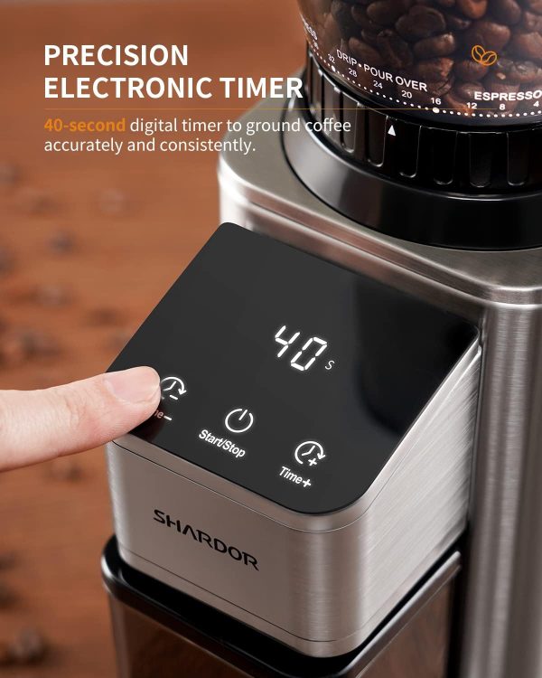 SHARDOR Professional Conical Burr Coffee Grinder, Coffee Bean Grinder with 48 Grind Settings for Espresso, Drip & French Press, Upgraded Anti-Static Technology, Precision Timer, Stainless Steel - Image 4
