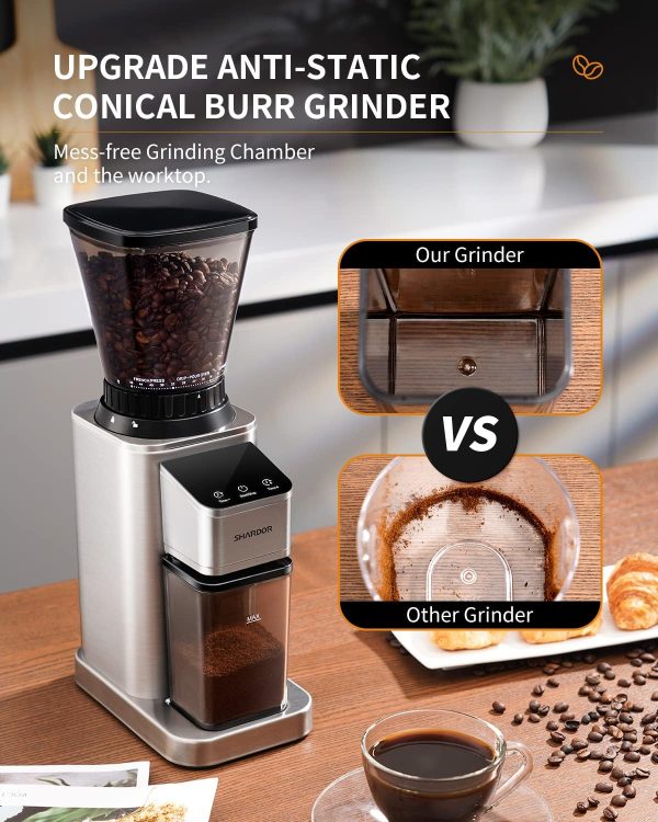SHARDOR Professional Conical Burr Coffee Grinder, Coffee Bean Grinder with 48 Grind Settings for Espresso, Drip & French Press, Upgraded Anti-Static Technology, Precision Timer, Stainless Steel - Image 5