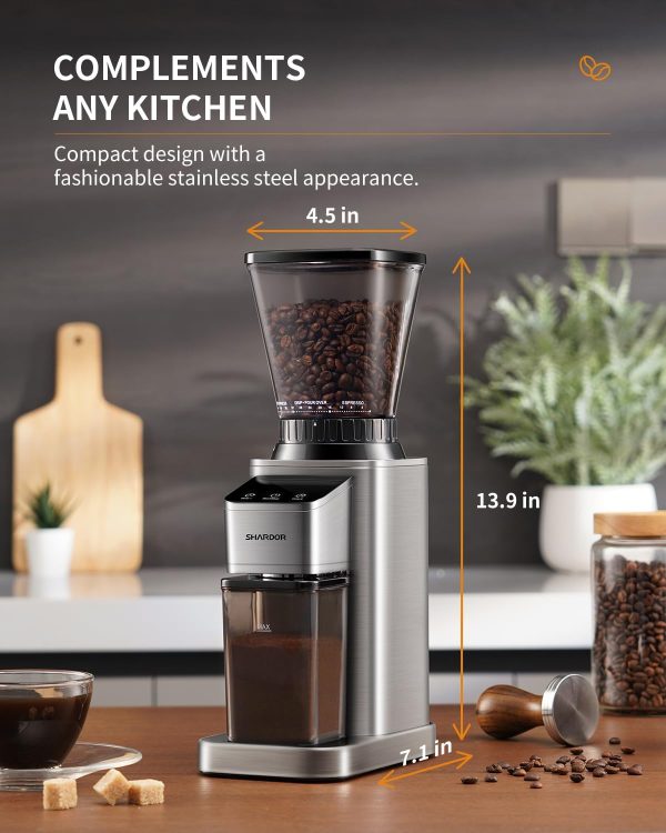 SHARDOR Professional Conical Burr Coffee Grinder, Coffee Bean Grinder with 48 Grind Settings for Espresso, Drip & French Press, Upgraded Anti-Static Technology, Precision Timer, Stainless Steel - Image 6
