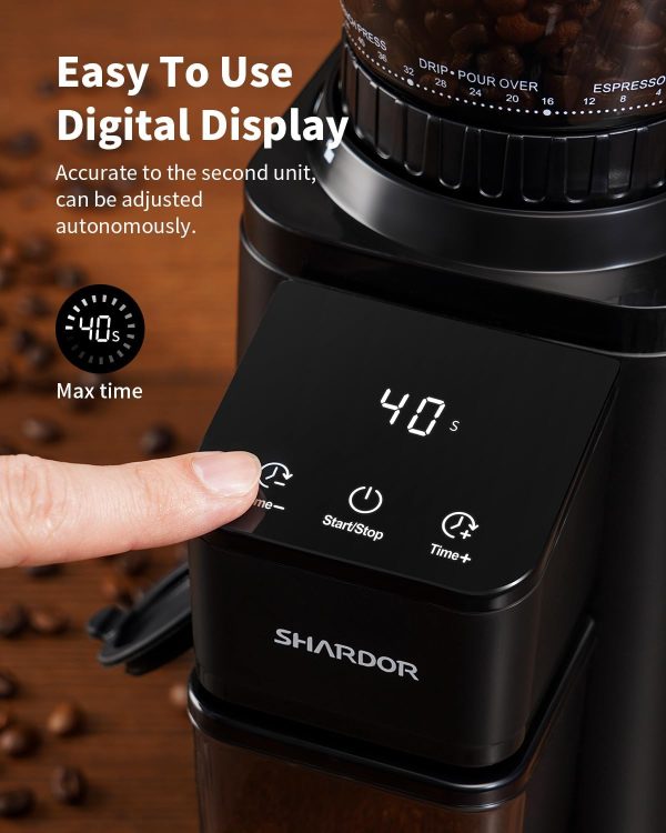 SHARDOR Professional Conical Burr Coffee Grinder, Coffee Bean Grinder with 48 Grind Settings for Espresso, Drip & French Press, Upgraded Anti-Static Technology, Precision Timer, Stainless Steel - Image 9