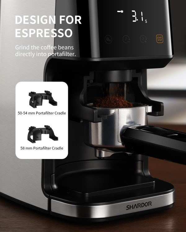 SHARDOR Conical Burr Espresso Coffee Grinder Electric with Precision Timer 2.0, Touchscreen Adjustable Burr Mill with 51 Precise Settings for Home Use, Anti-static, Stainless Steel - Image 5