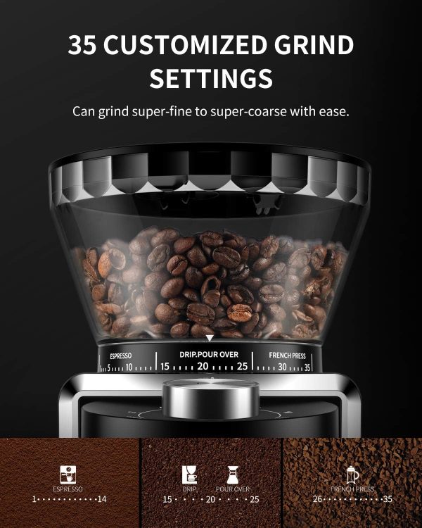 SHARDOR Conical Burr Coffee Grinder Electric 2.0, Adjustable Coffee Bean Grinder with 35 Precise Grind Setting for 2-12 Cup, Anti-static, Black - Image 4