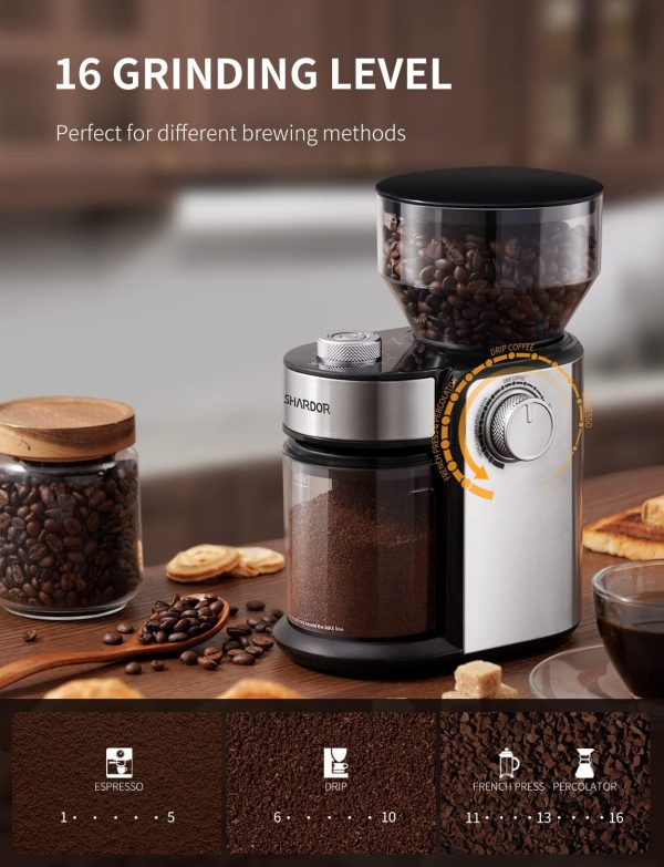 SHARDOR Electric Burr Coffee Grinder 2.0, Adjustable Burr Mill with 16 Precise Grind Setting for 2-14 Cup, Black - Image 8