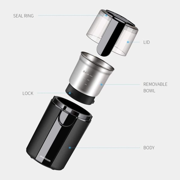 SHARDOR Coffee Grinder Electric, Spice Grinder Electric, Herb Grinder, Grinder for Coffee Bean Spices and Seeds with 2 Removable Stainless Steel Bowls, Black - Image 6